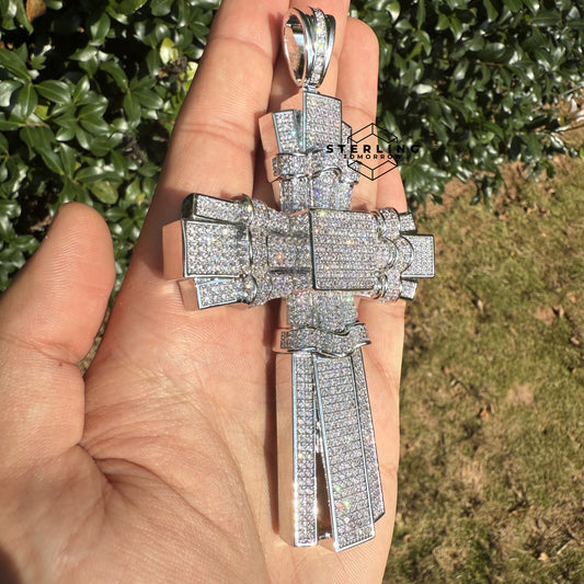 X Large Silver Tone Cross Iced Out Detail Pendant