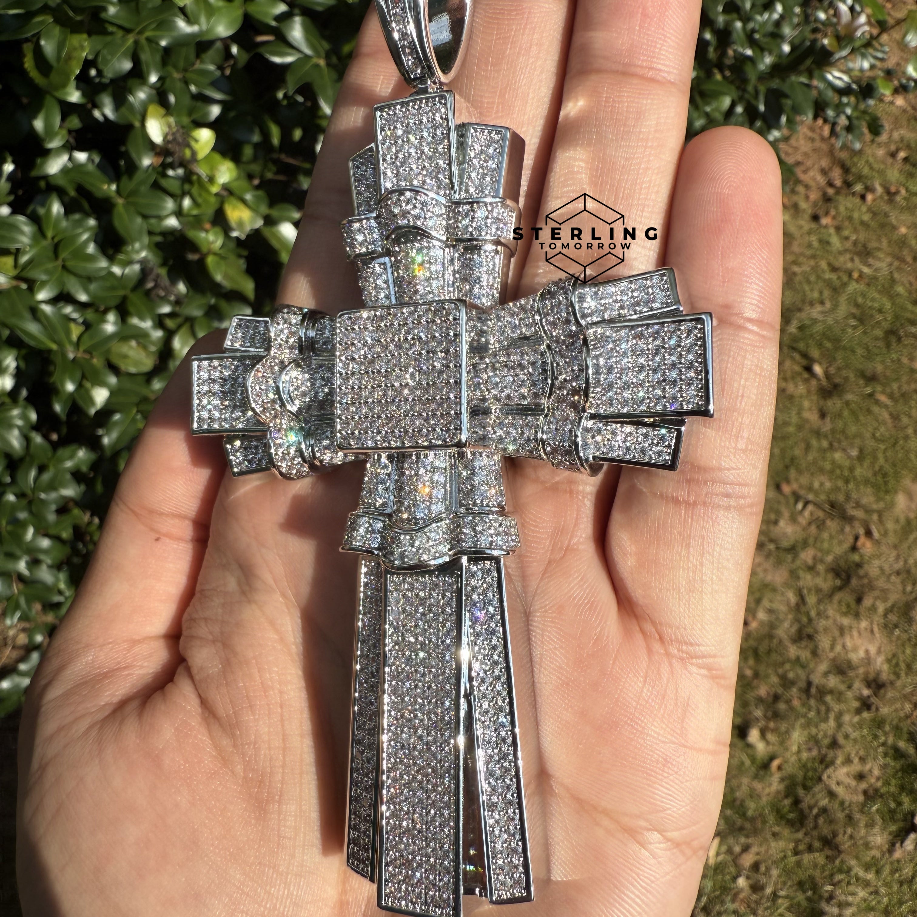 X Large Silver Tone Cross Iced Out Detail Pendant