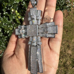 X Large Silver Tone Cross Iced Out Detail Pendant