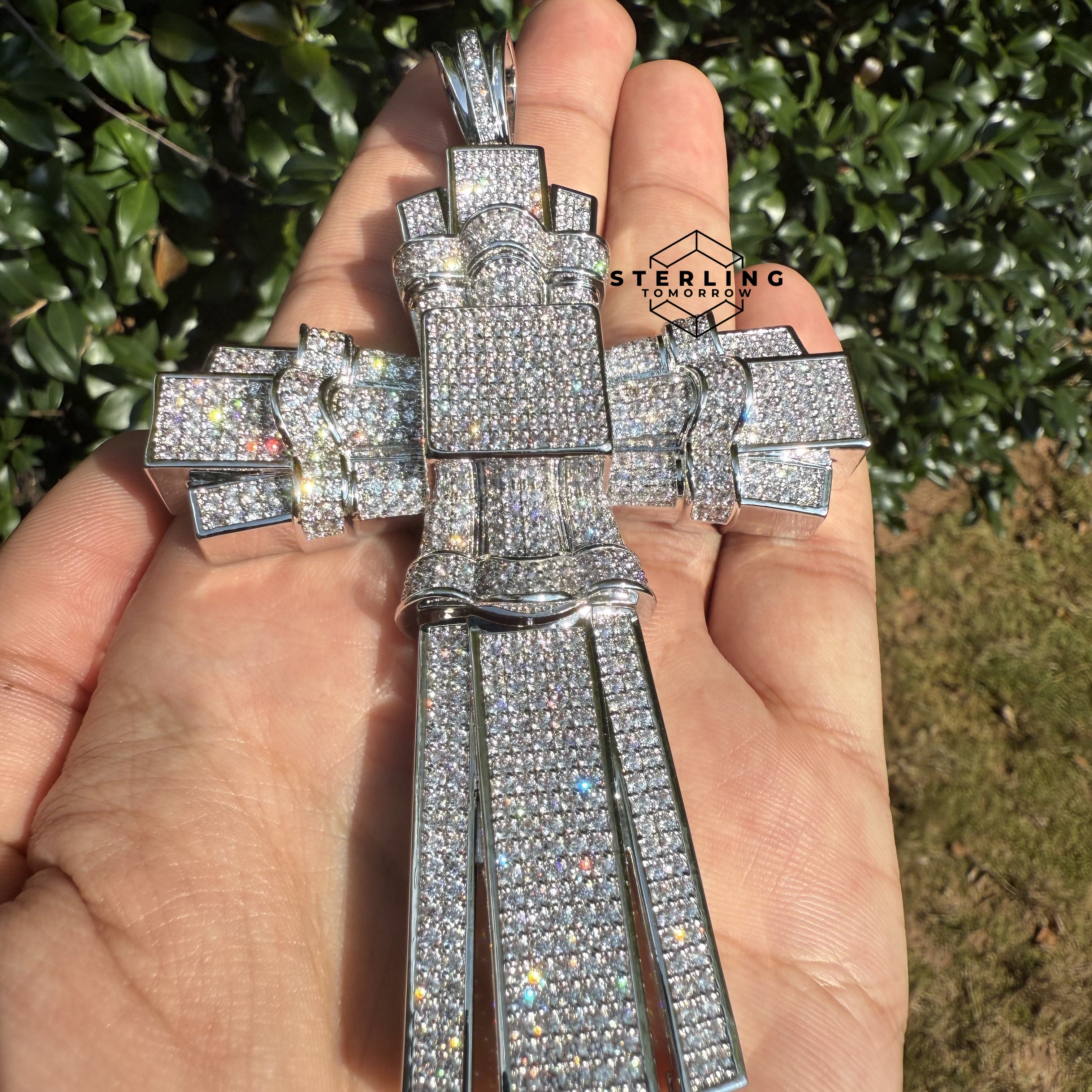 X Large Silver Tone Cross Iced Out Detail Pendant