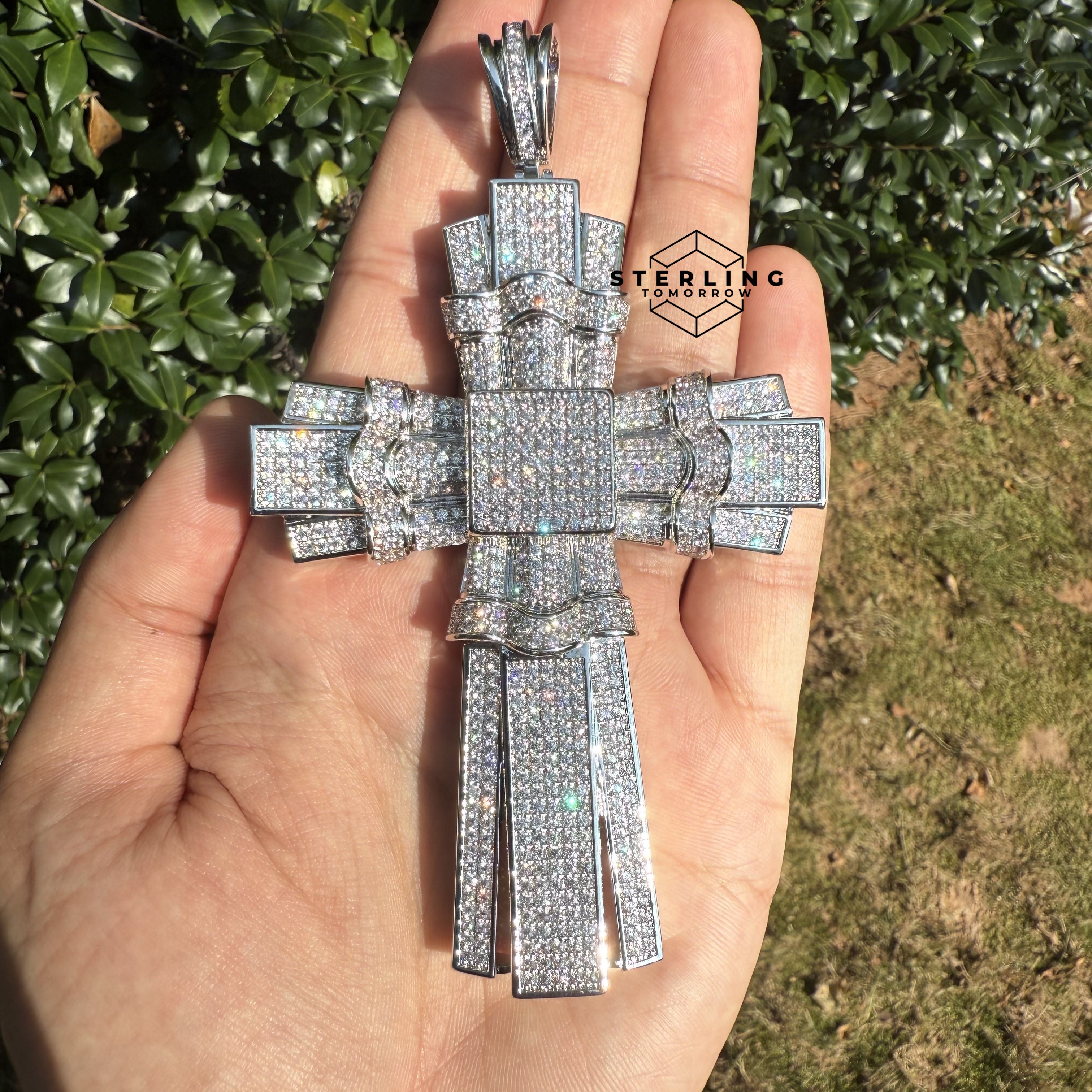 X Large Silver Tone Cross Iced Out Detail Pendant