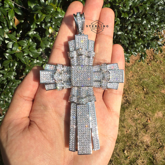 X Large Silver Tone Cross Iced Out Detail Pendant