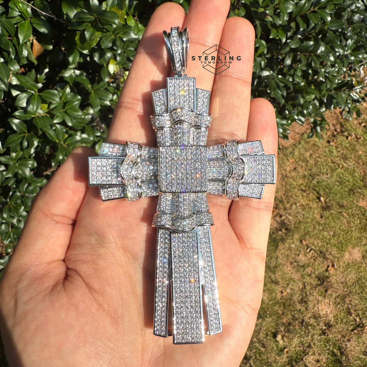 X Large Silver Tone Cross Iced Out Detail Pendant