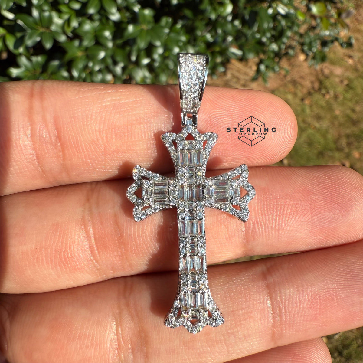 Cross Flared Baguette Cross Silver Tone Iced Out Pendant