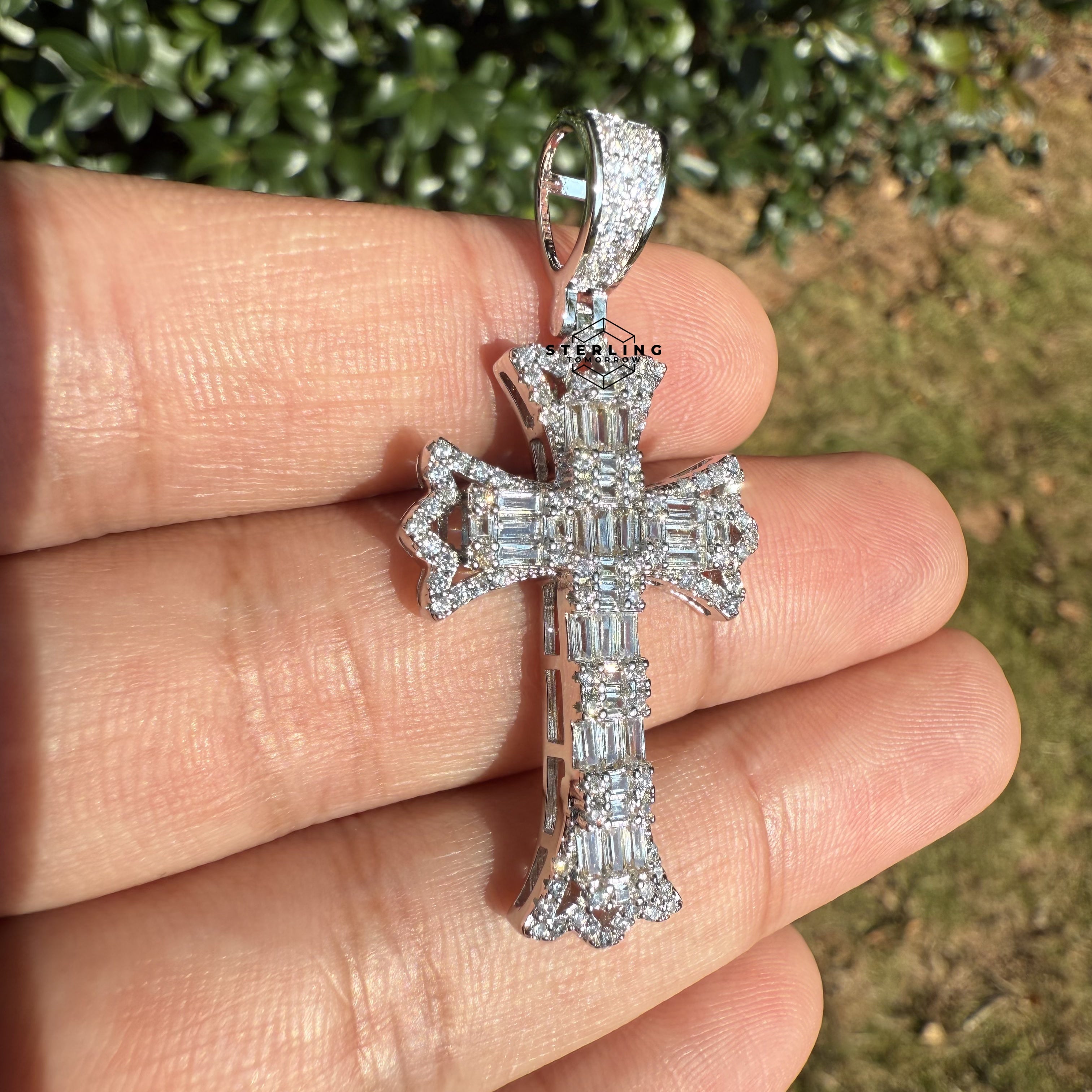 Cross Flared Baguette Cross Silver Tone Iced Out Pendant