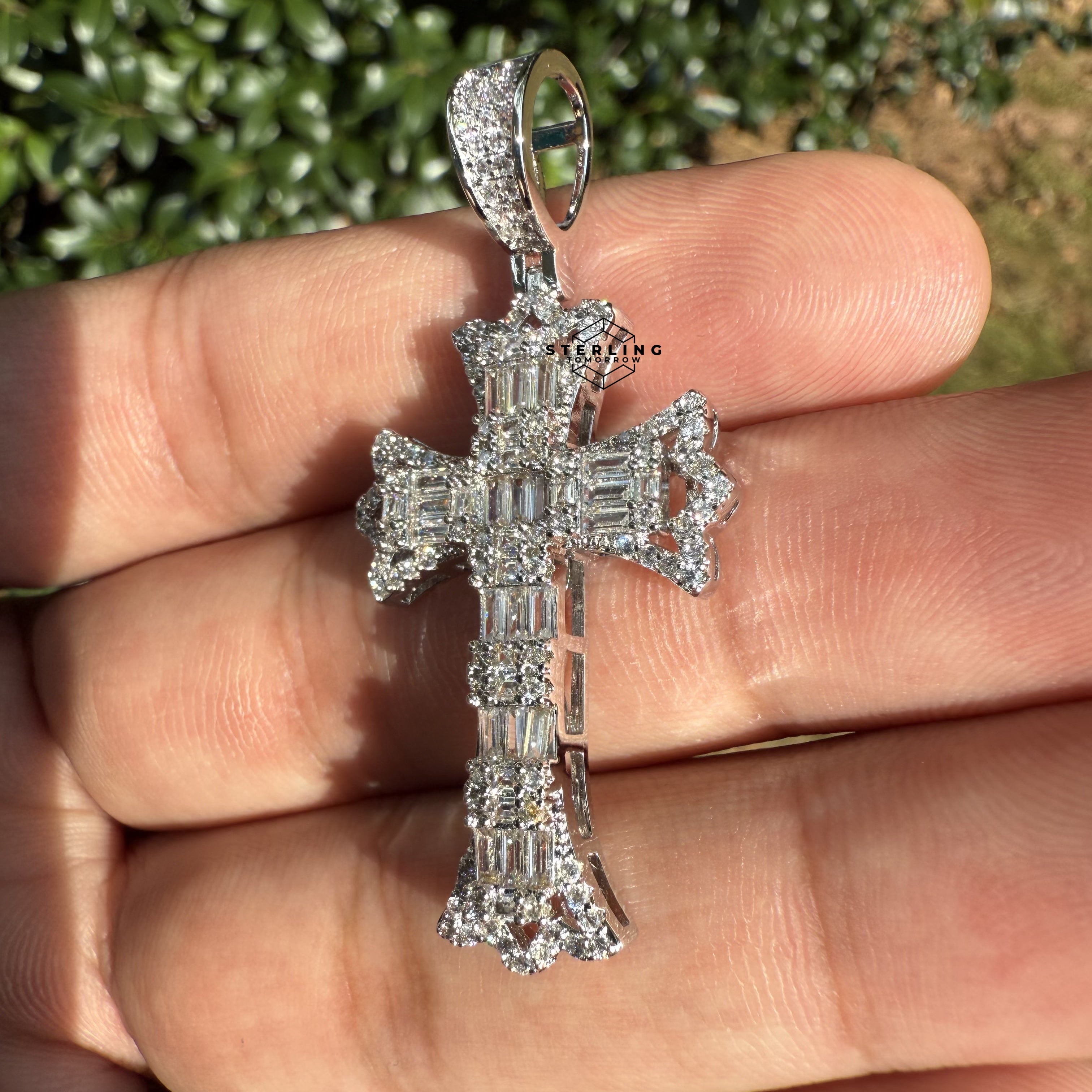 Cross Flared Baguette Cross Silver Tone Iced Out Pendant