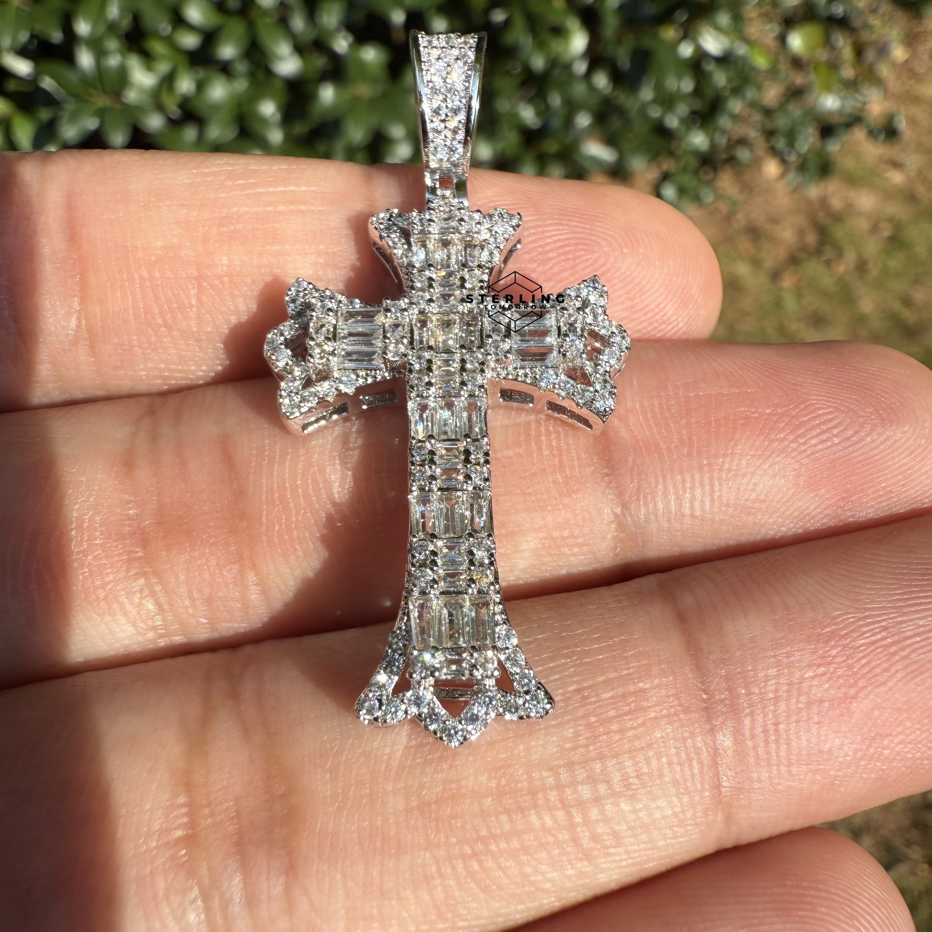 Cross Flared Baguette Cross Silver Tone Iced Out Pendant