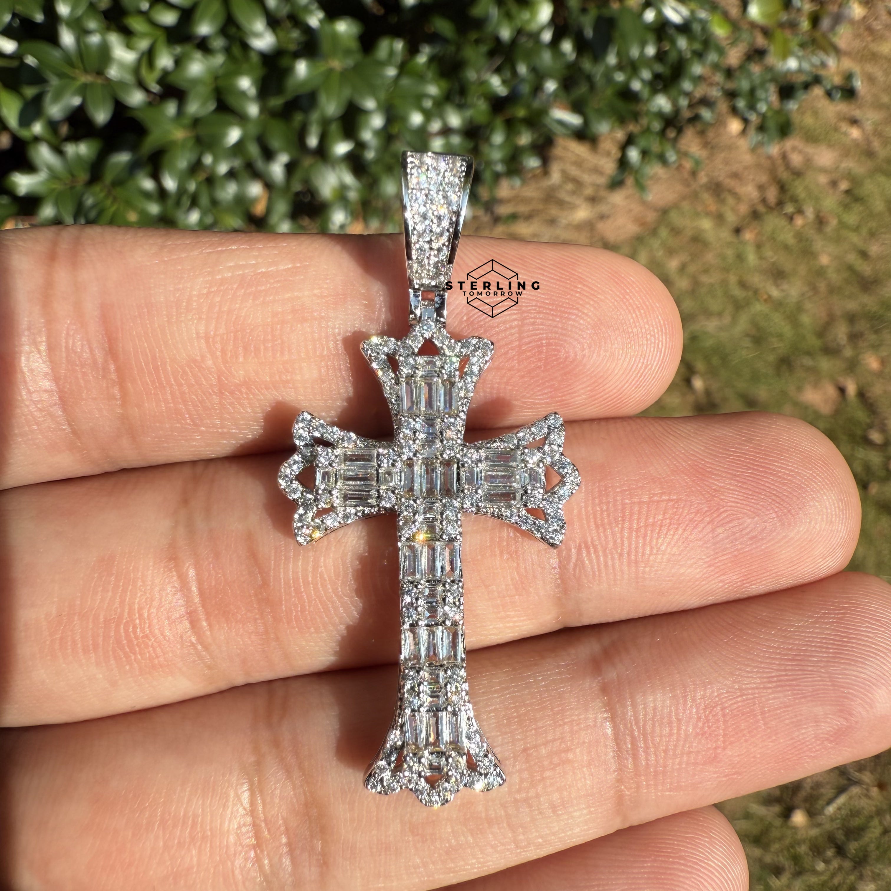 Cross Flared Baguette Cross Silver Tone Iced Out Pendant