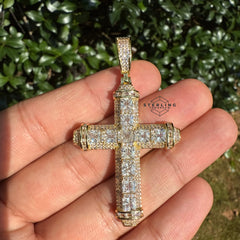Cross Princess Cut Gold Tone Iced Out Pendant