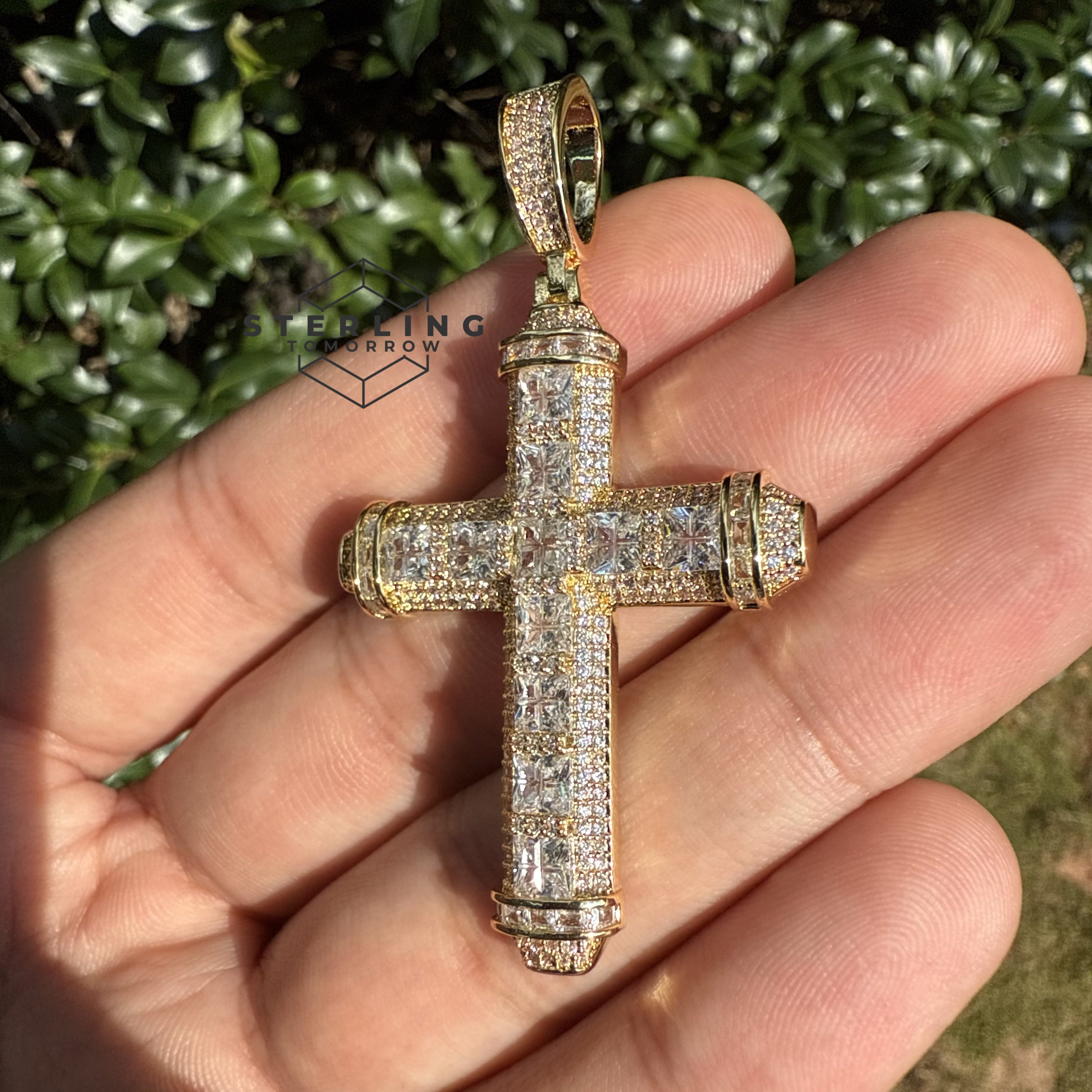 Cross Princess Cut Gold Tone Iced Out Pendant