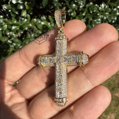 Cross Princess Cut Gold Tone Iced Out Pendant