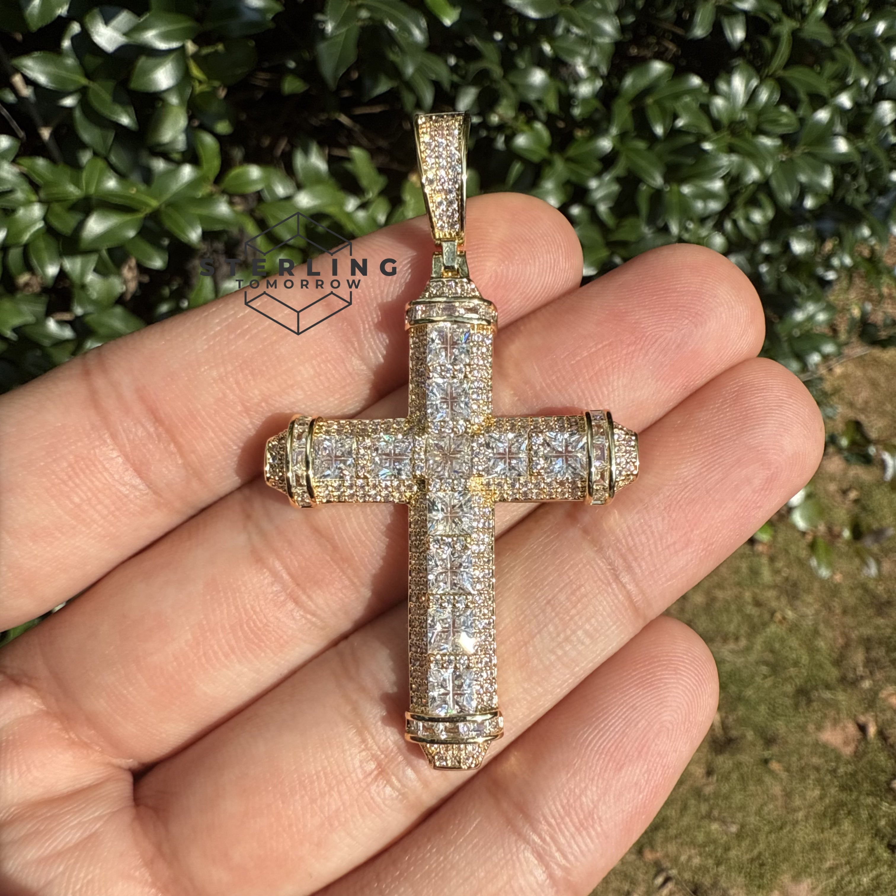 Cross Princess Cut Gold Tone Iced Out Pendant