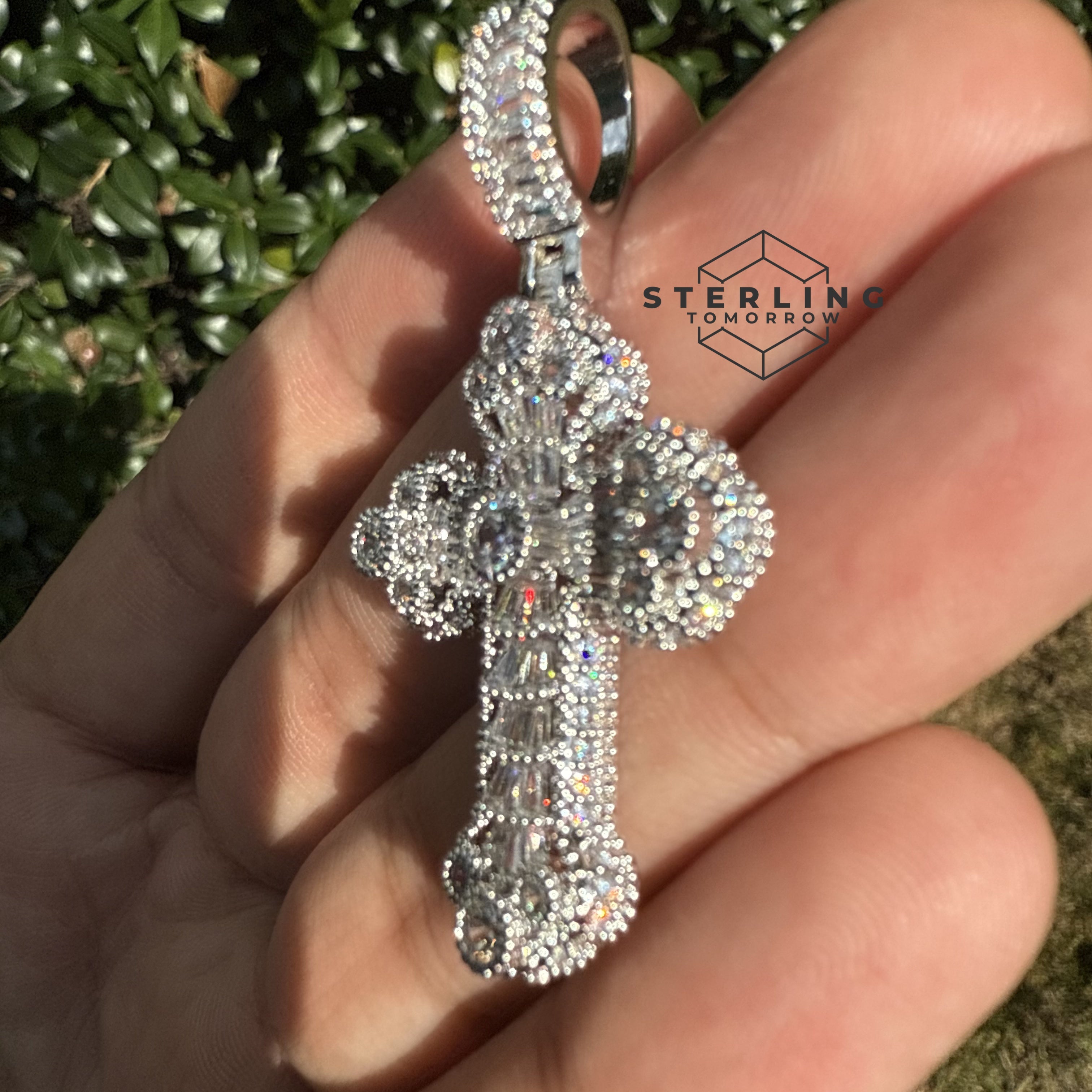 Baguette Solitaire Iced Out Cross Pendant Silver Tone