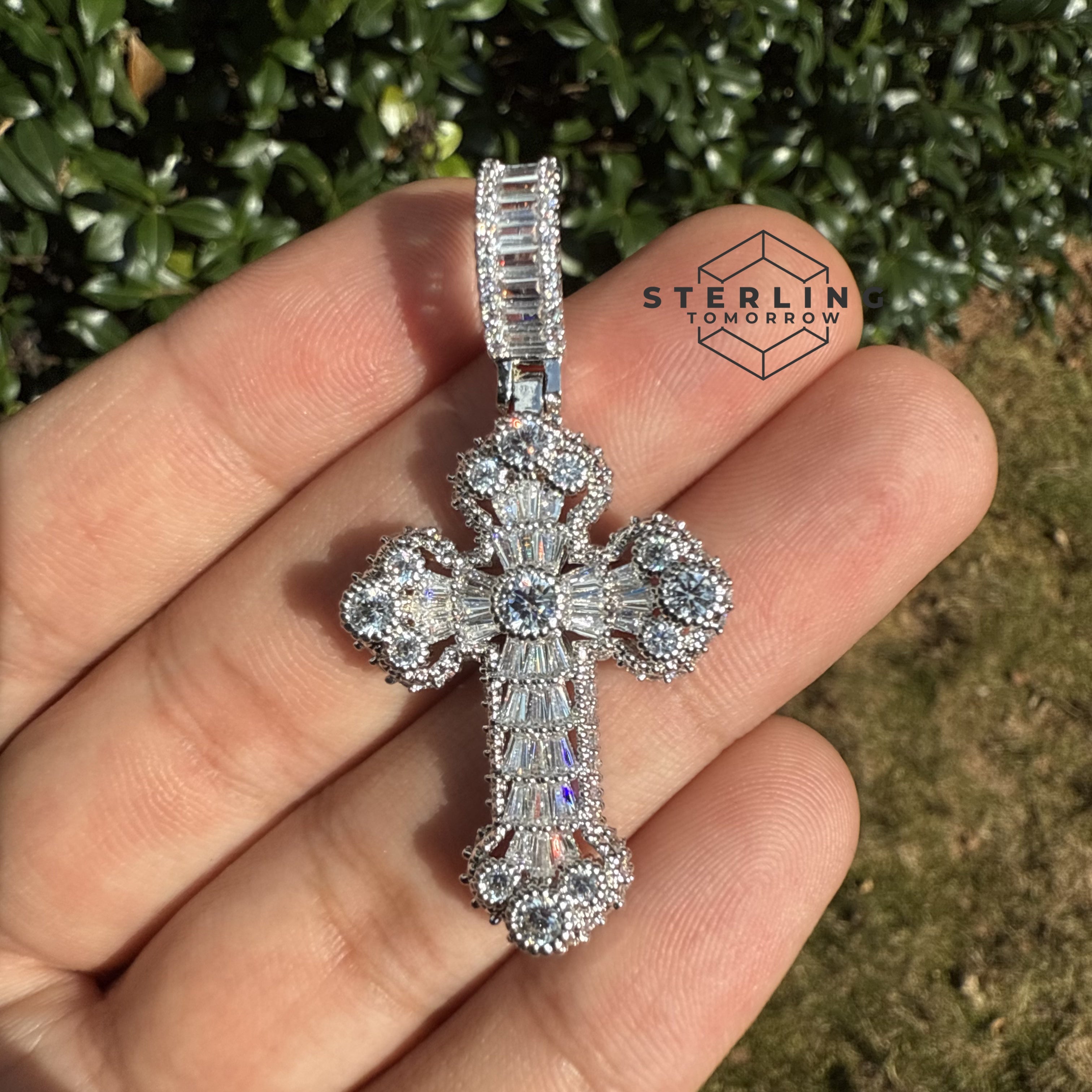 Baguette Solitaire Iced Out Cross Pendant Silver Tone