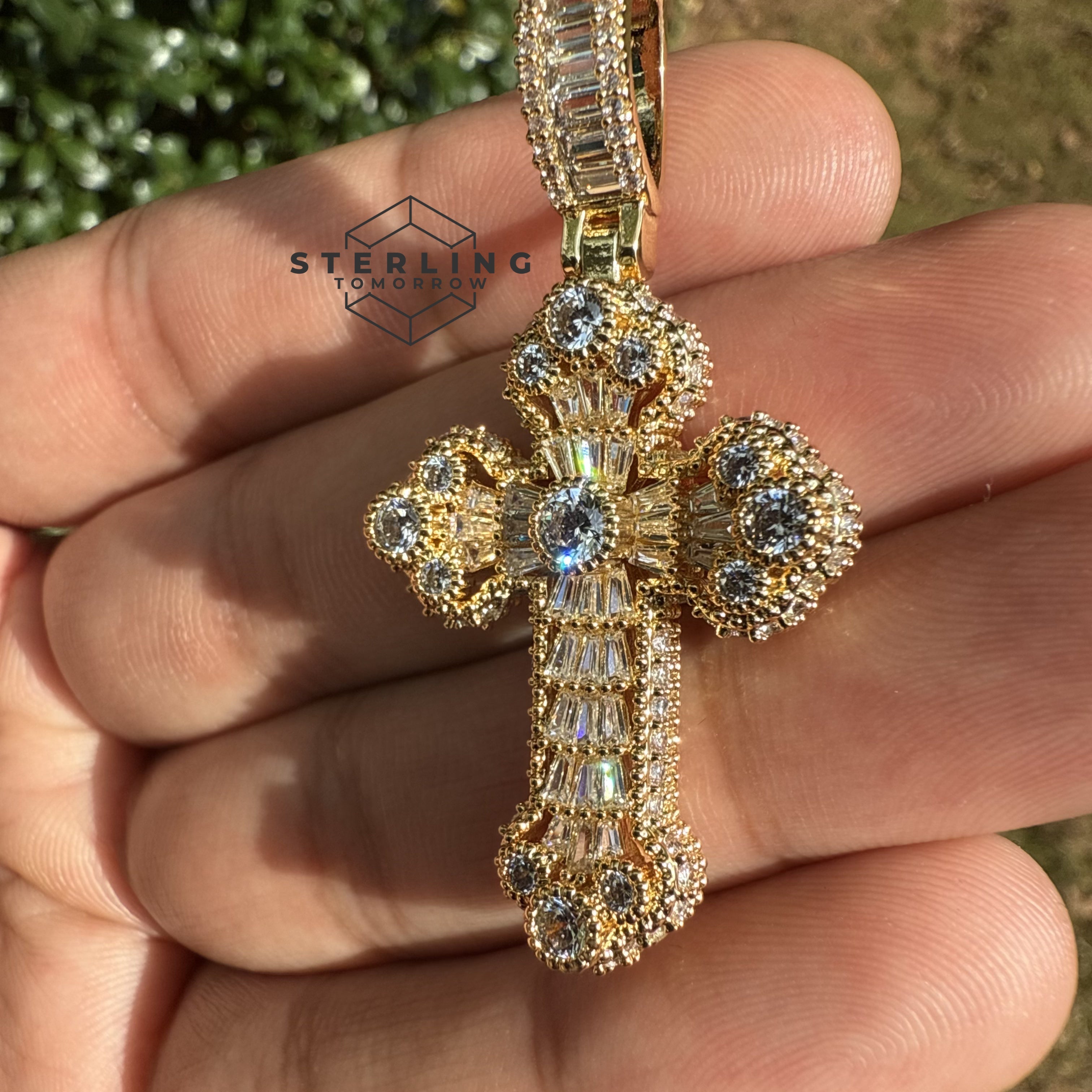 Baguette Solitaire Iced Out Cross Pendant Gold Tone