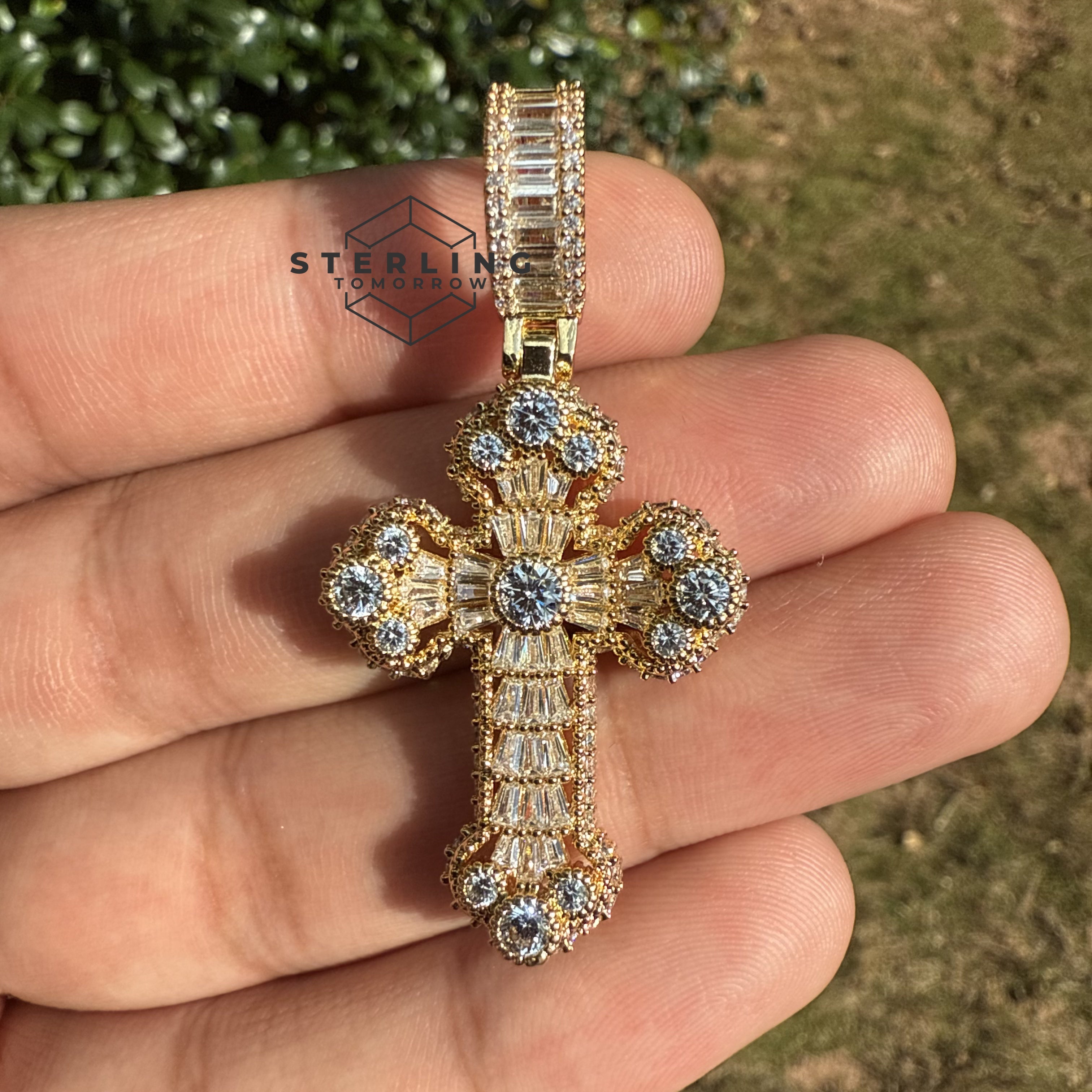 Baguette Solitaire Iced Out Cross Pendant Gold Tone