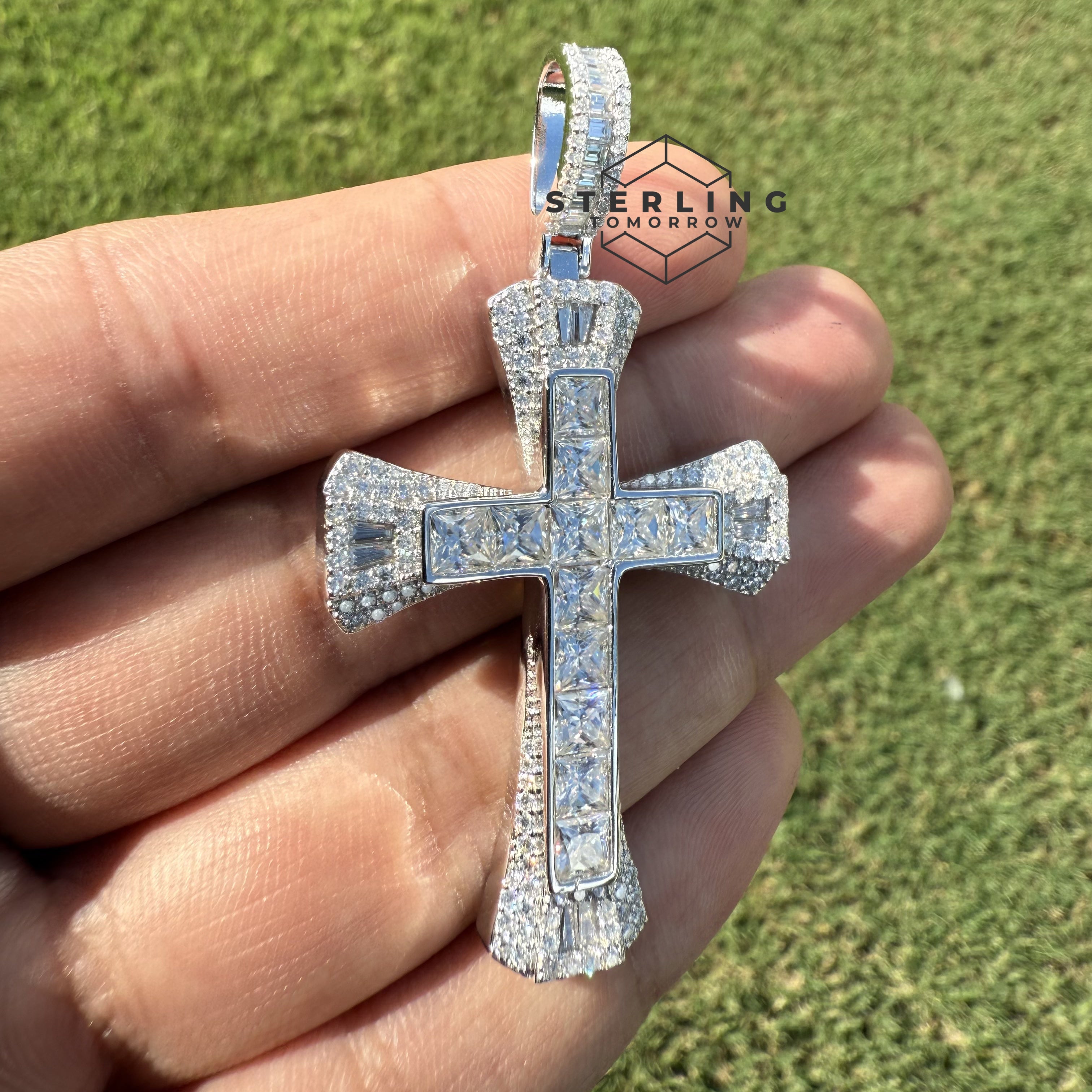 Princess Cut Iced Out Moissanite Cross Pendant
