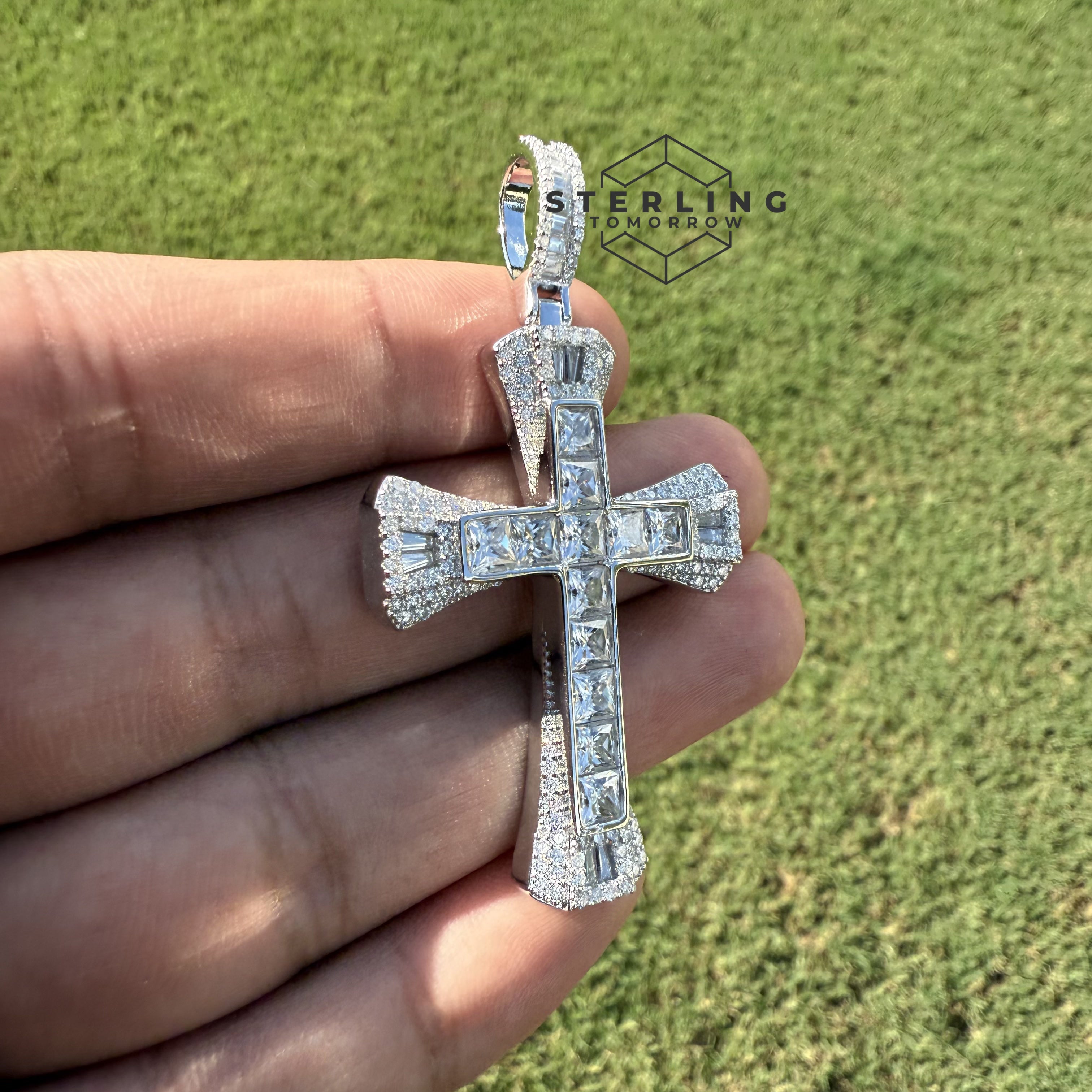 Princess Cut Iced Out Moissanite Cross Pendant
