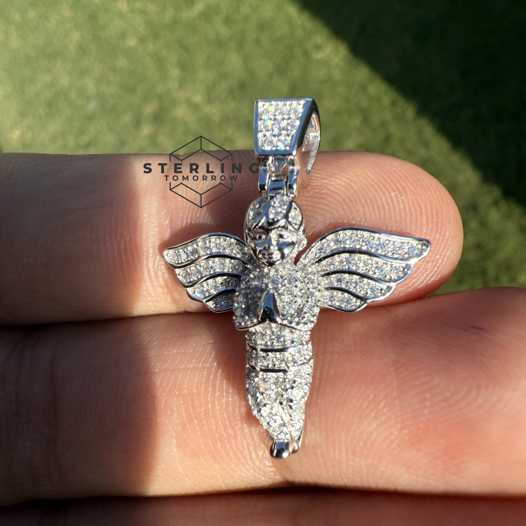 Moissanite 1.25" Angel Pendant + Steel Rope Chain