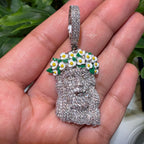 14k White Gold Plated Jesus Daisy Crown Iced Pendant