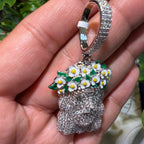 14k White Gold Plated Jesus Daisy Crown Iced Pendant