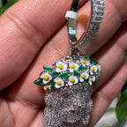 14k White Gold Plated Jesus Daisy Crown Iced Pendant