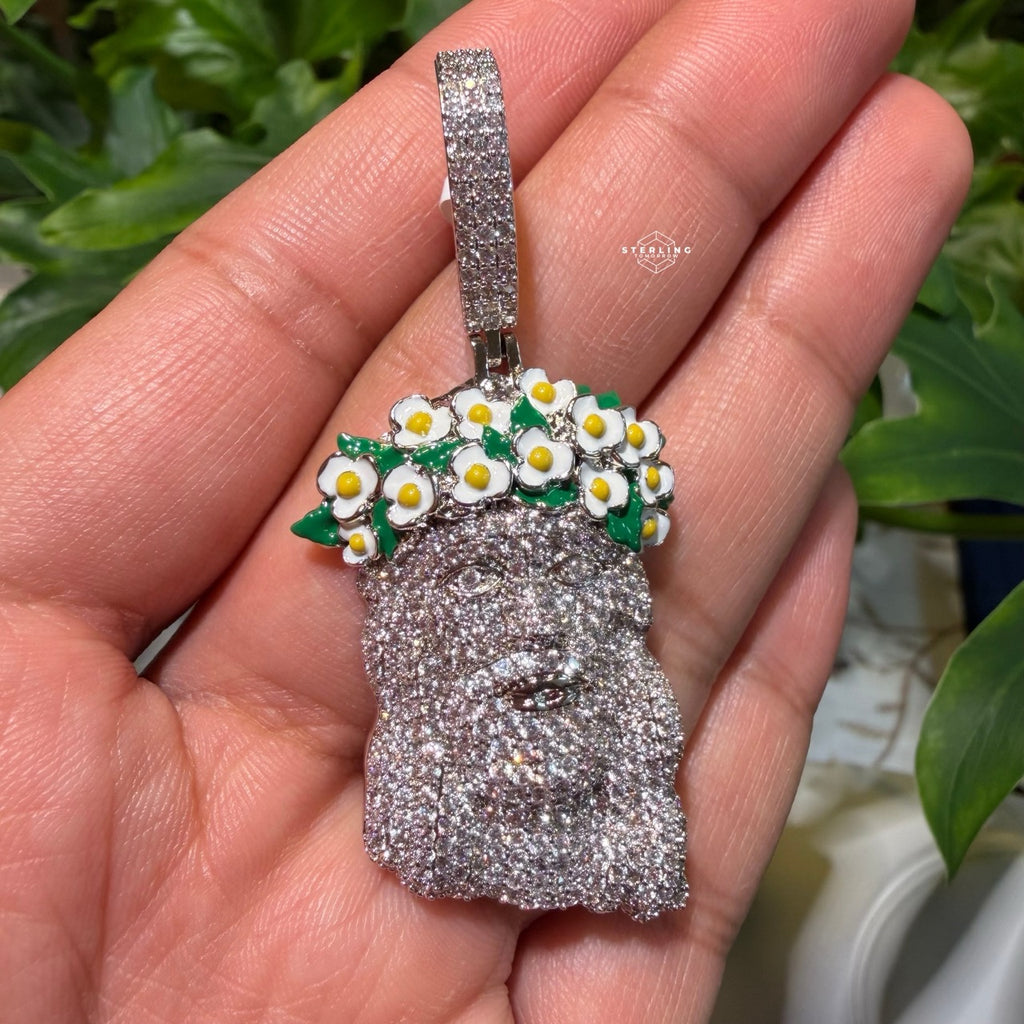 14k White Gold Plated Jesus Daisy Crown Iced Pendant