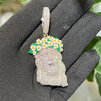 14k White Gold Plated Jesus Daisy Crown Iced Pendant