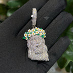 14k White Gold Plated Jesus Daisy Crown Iced Pendant
