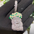 14k White Gold Plated Jesus Daisy Crown Iced Pendant