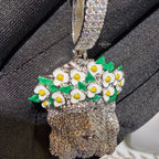 14k White Gold Plated Jesus Daisy Crown Iced Pendant