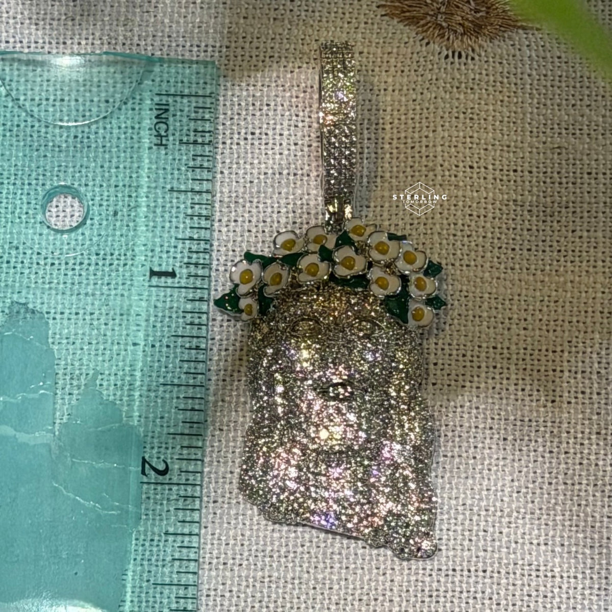 14k White Gold Plated Jesus Daisy Crown Iced Pendant