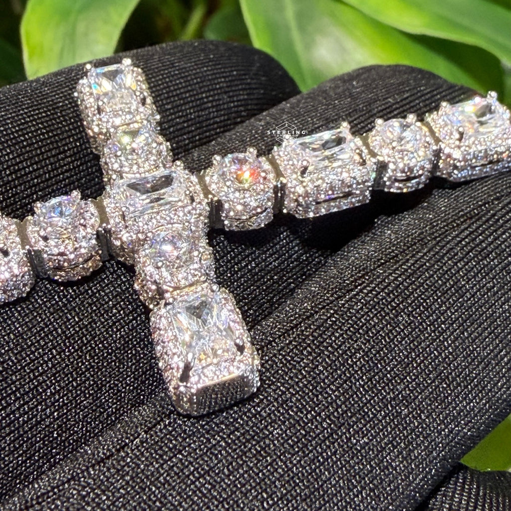 14k White Gold Plated Iced Sides Cross Pendant