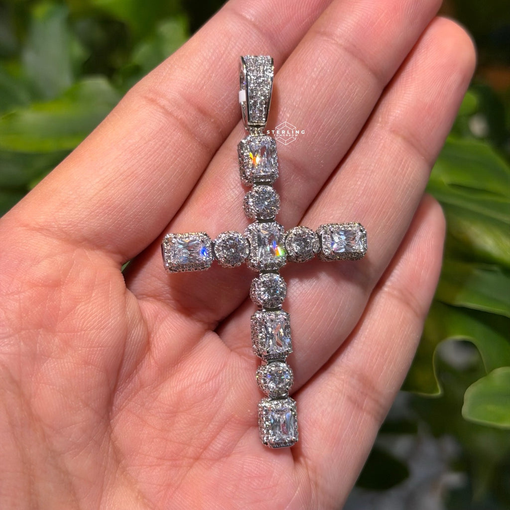 14k White Gold Plated Iced Sides Cross Pendant