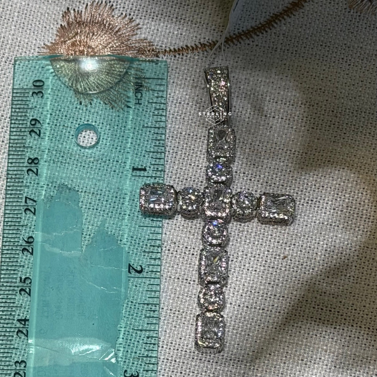 14k White Gold Plated Iced Sides Cross Pendant
