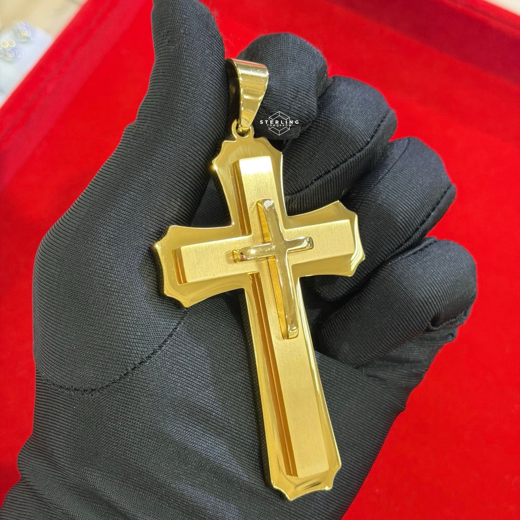Large Gold Steel 3D Cross Pendant