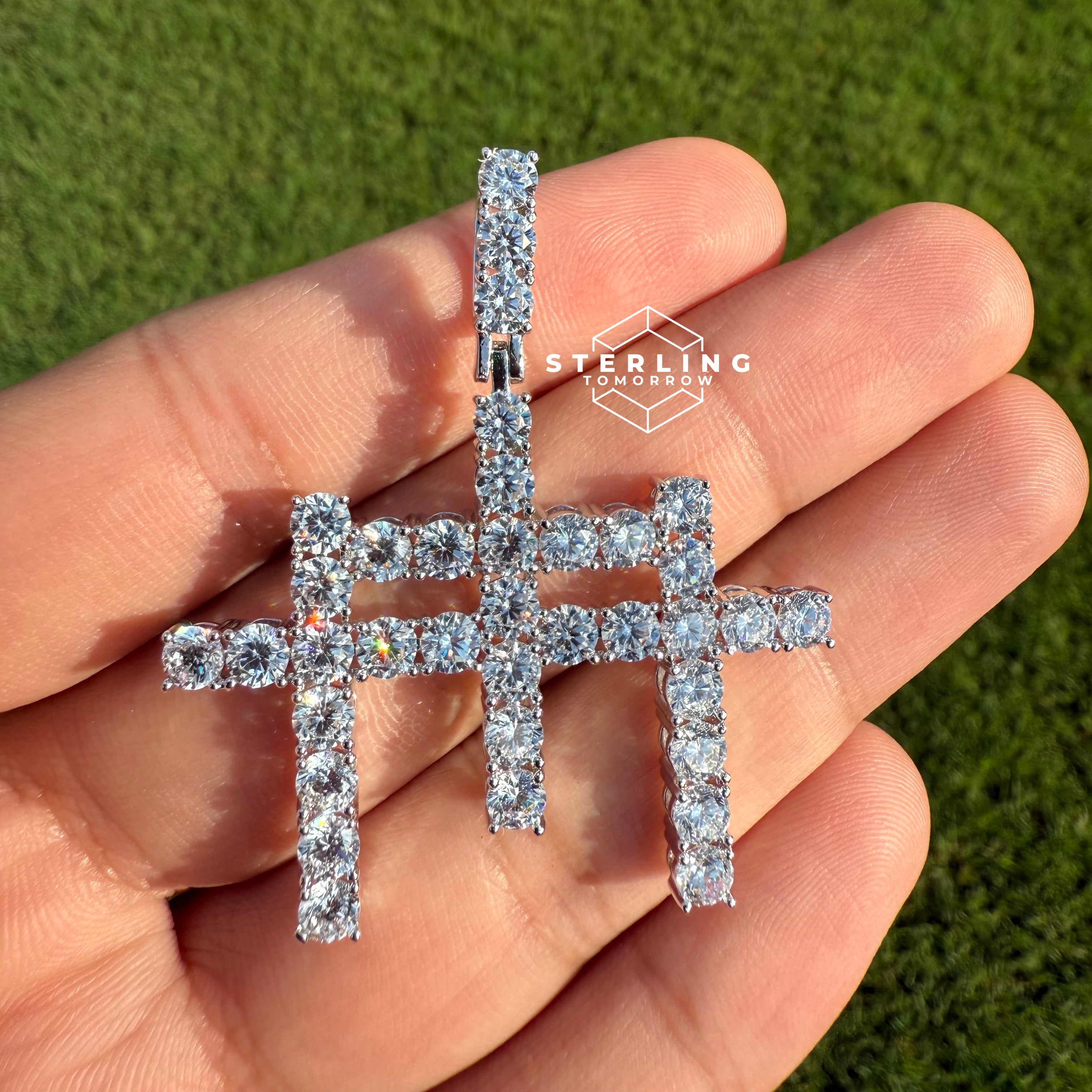 Triple Cross Iced Out Silver Tone Pendant