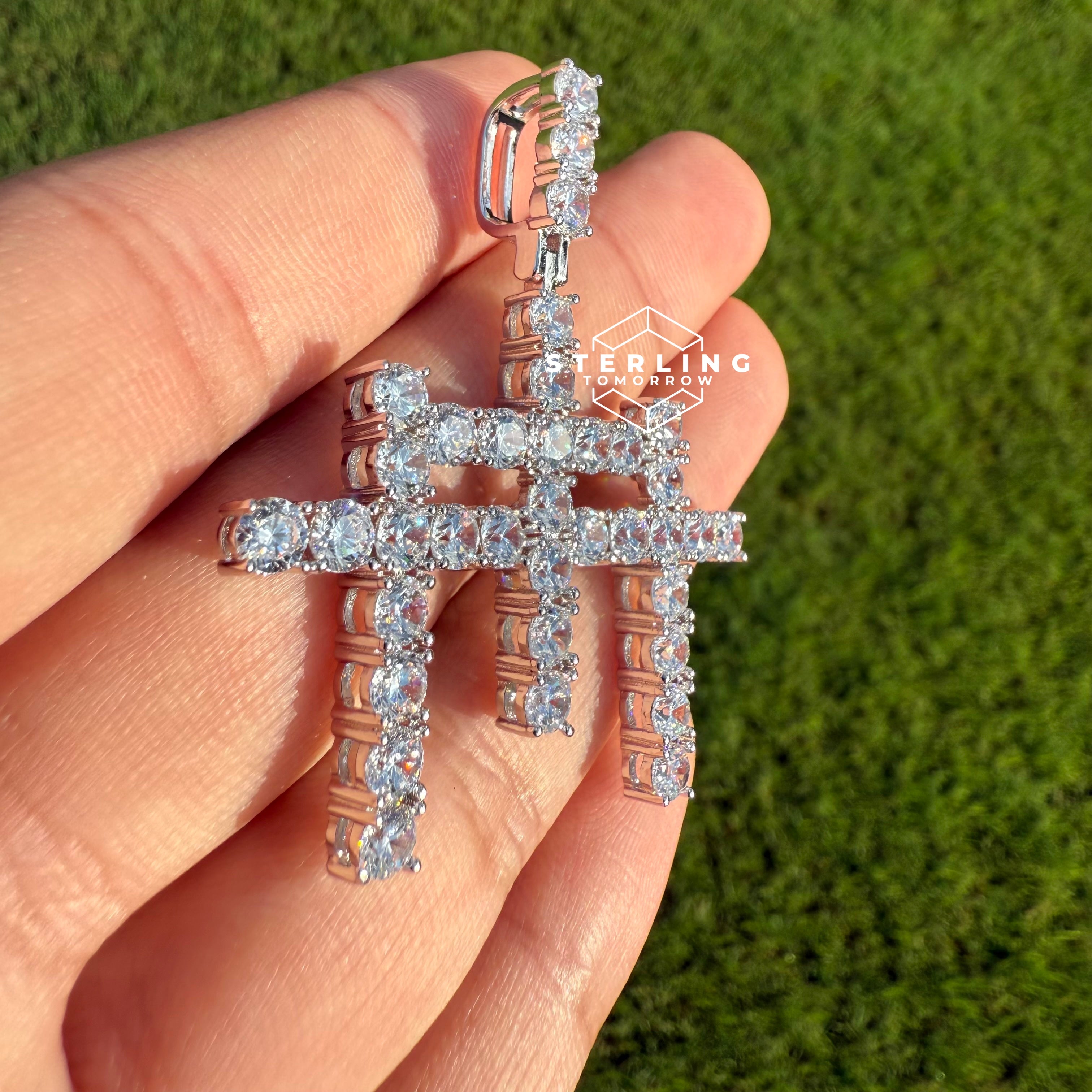Triple Cross Iced Out Silver Tone Pendant
