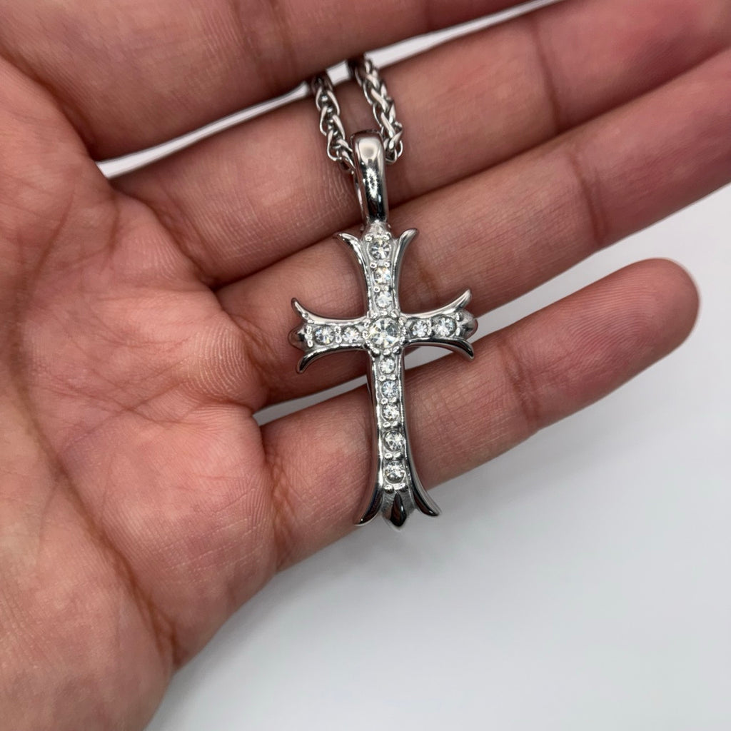 Double Sided Iced Heart Cross Pendant + 24" Steel Franco Chain