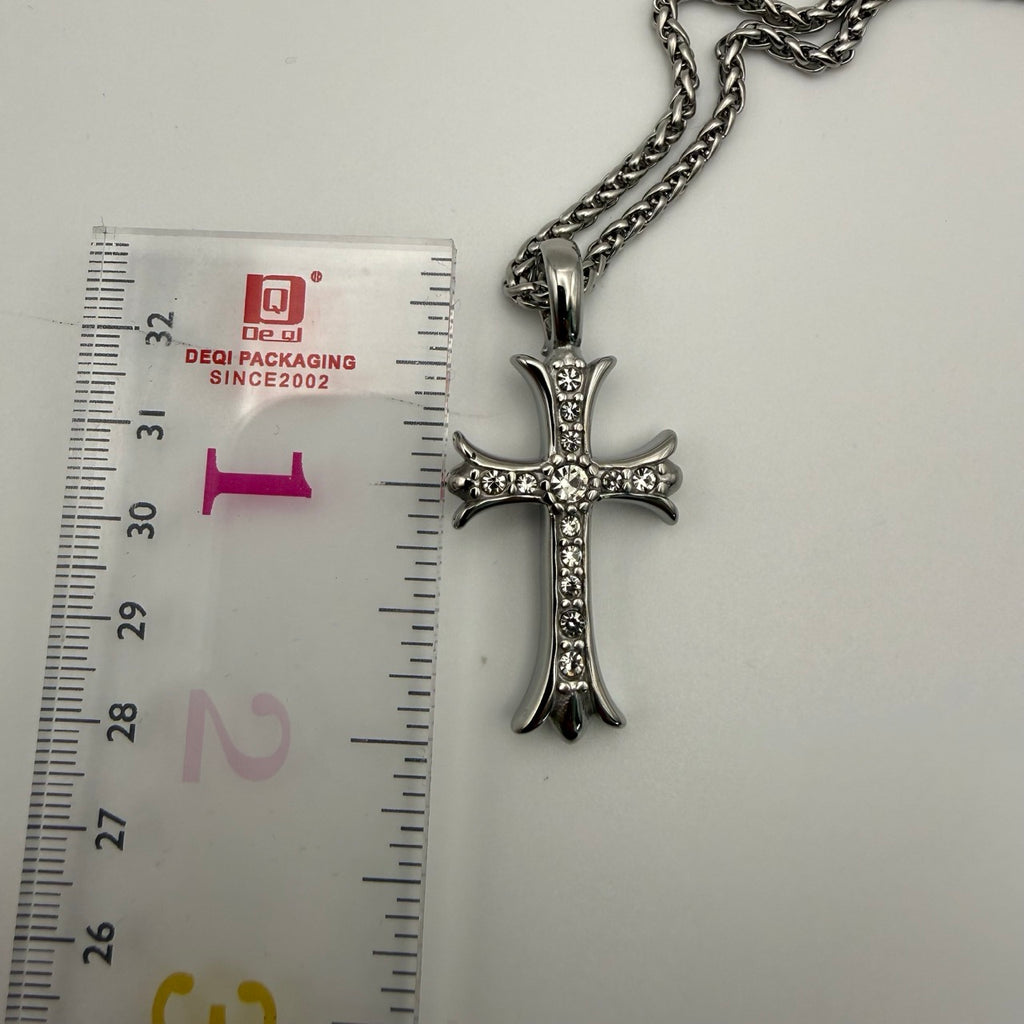 Double Sided Iced Heart Cross Pendant + 24" Steel Franco Chain