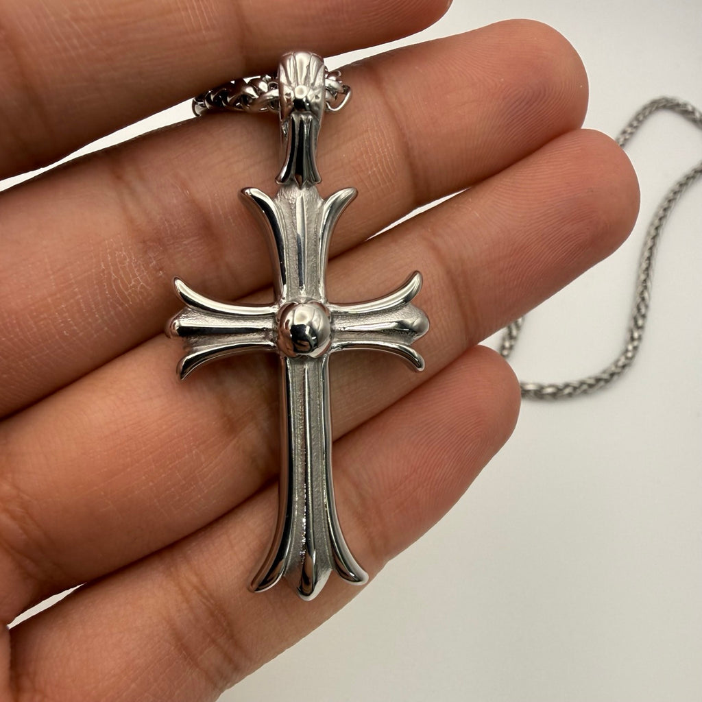 Double Sided Iced Heart Cross Pendant + 24" Steel Franco Chain