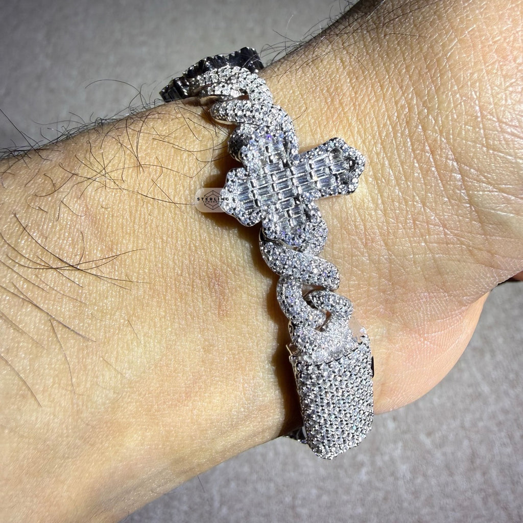 Baguette Cross Infinity 925 Sterling Silver Bracelet 18mm 8"