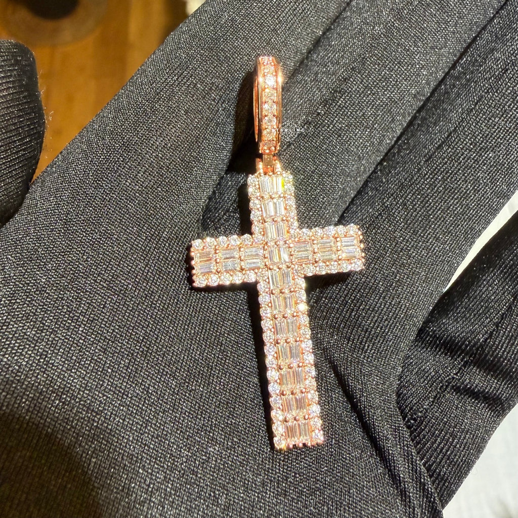 Moissanite Rose Baguette Cross Pendant