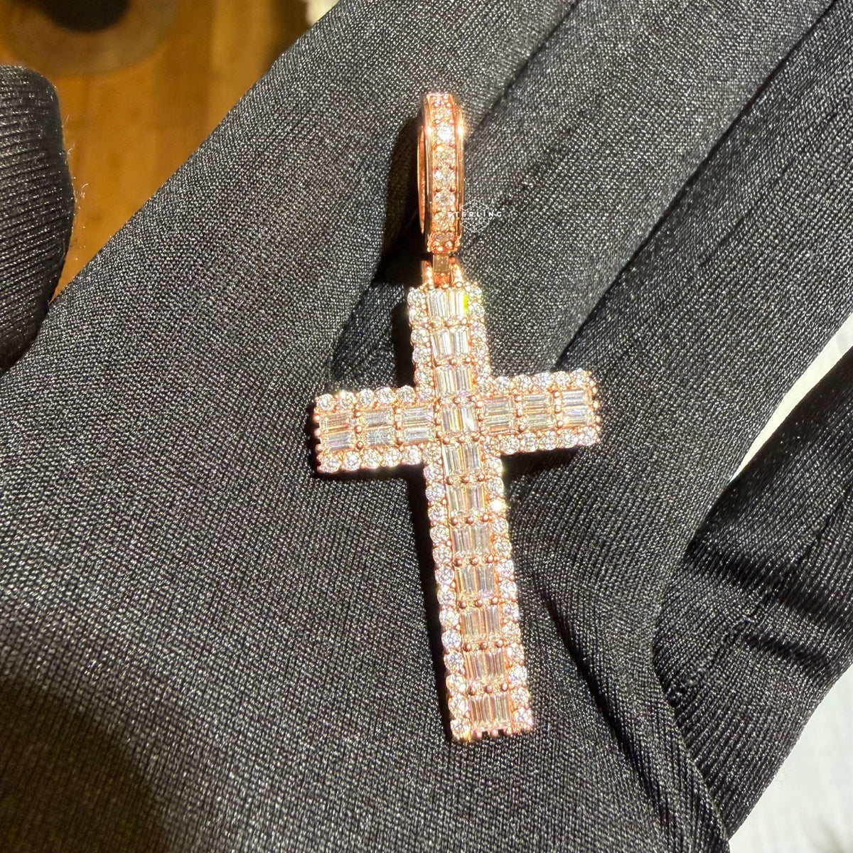 Moissanite Rose Baguette Cross Pendant