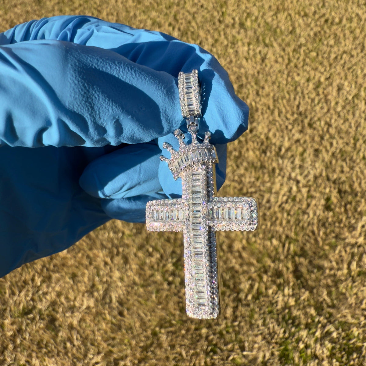 Cross with Crown Silver Iced Out Pendant with Rope Chain