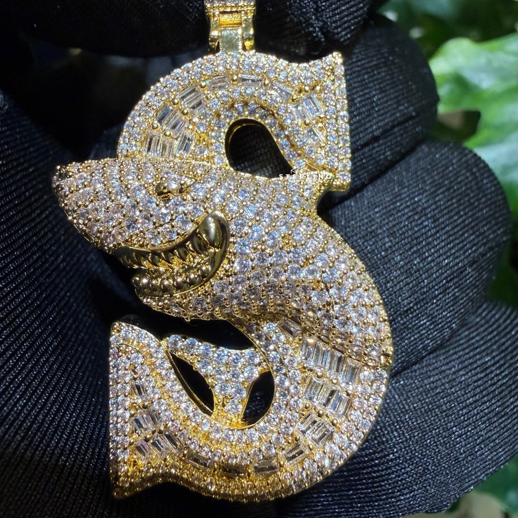 Iced Shark Pendant Necklace | 14K Gold Plated CZ Diamond Baguette Hip Hop Chain | S Initial Letter Jewelry Gift