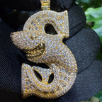 Iced Shark Pendant Necklace | 14K Gold Plated CZ Diamond Baguette Hip Hop Chain | S Initial Letter Jewelry Gift