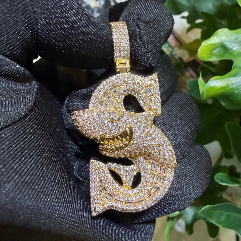 Iced Shark Pendant Necklace | 14K Gold Plated CZ Diamond Baguette Hip Hop Chain | S Initial Letter Jewelry Gift