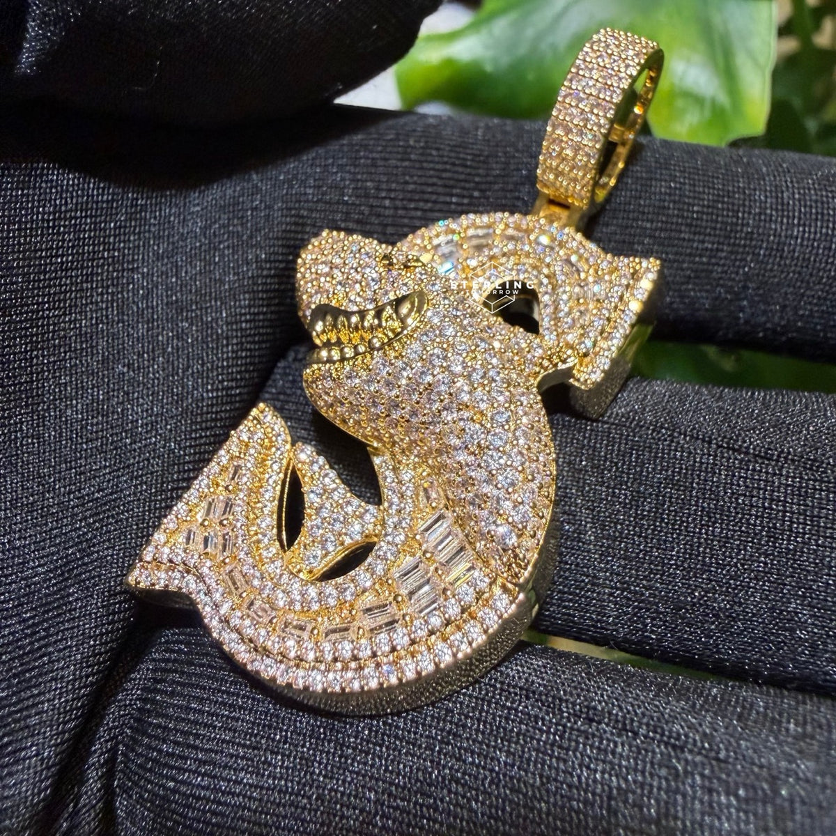 Iced Shark Pendant Necklace | 14K Gold Plated CZ Diamond Baguette Hip Hop Chain | S Initial Letter Jewelry Gift
