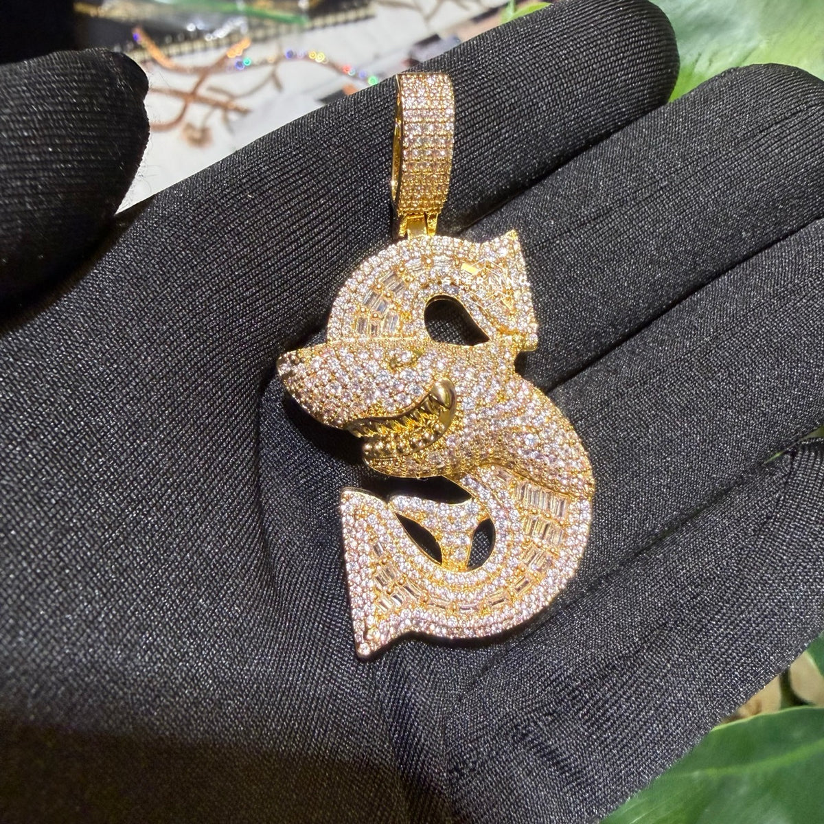 Iced Shark Pendant Necklace | 14K Gold Plated CZ Diamond Baguette Hip Hop Chain | S Initial Letter Jewelry Gift